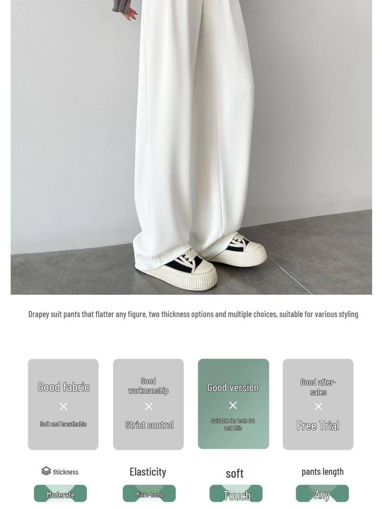 Women's High-Waisted White Wide-Leg Pants 2025 - Drapey Casual Slim Fit for Spring & Autumn