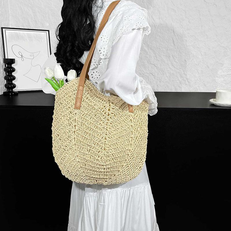 Straw Beach Bag Vintage Handmade Woven Shoulder Bag Raffia Circle Rattan Bags Bohemian Summer Vacation Casual Bags