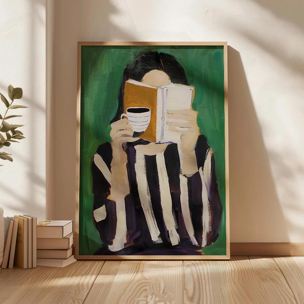 1pc Frameless Abstract Woman Reading and Drinking Coffee Canvas Printing Green Striped Woman Modern Living Room Home Decoration