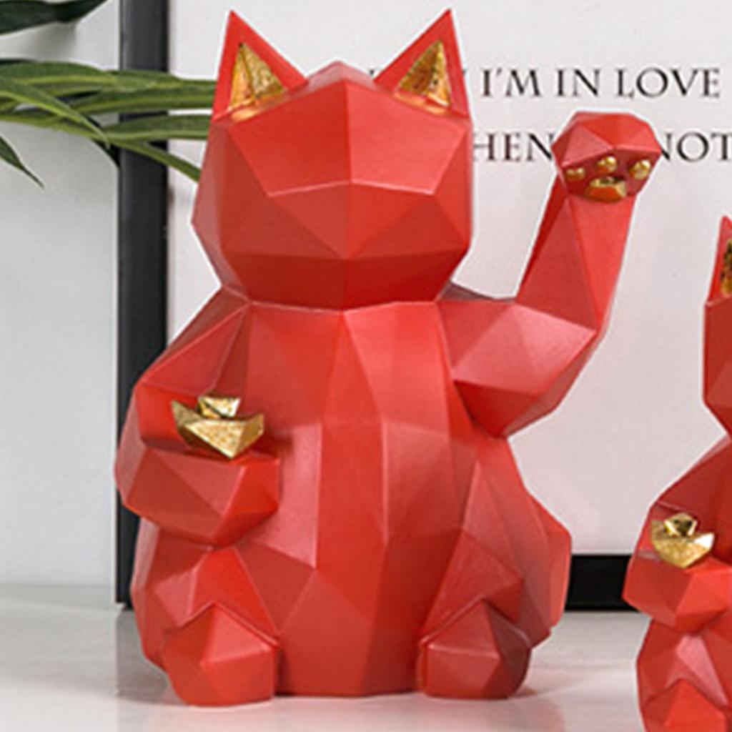 Figurka Kot Szczęścia Styl Geometryczny Żywica Ekologiczna Jaskrawoczerwona Figurka Maneki Neko na Stół