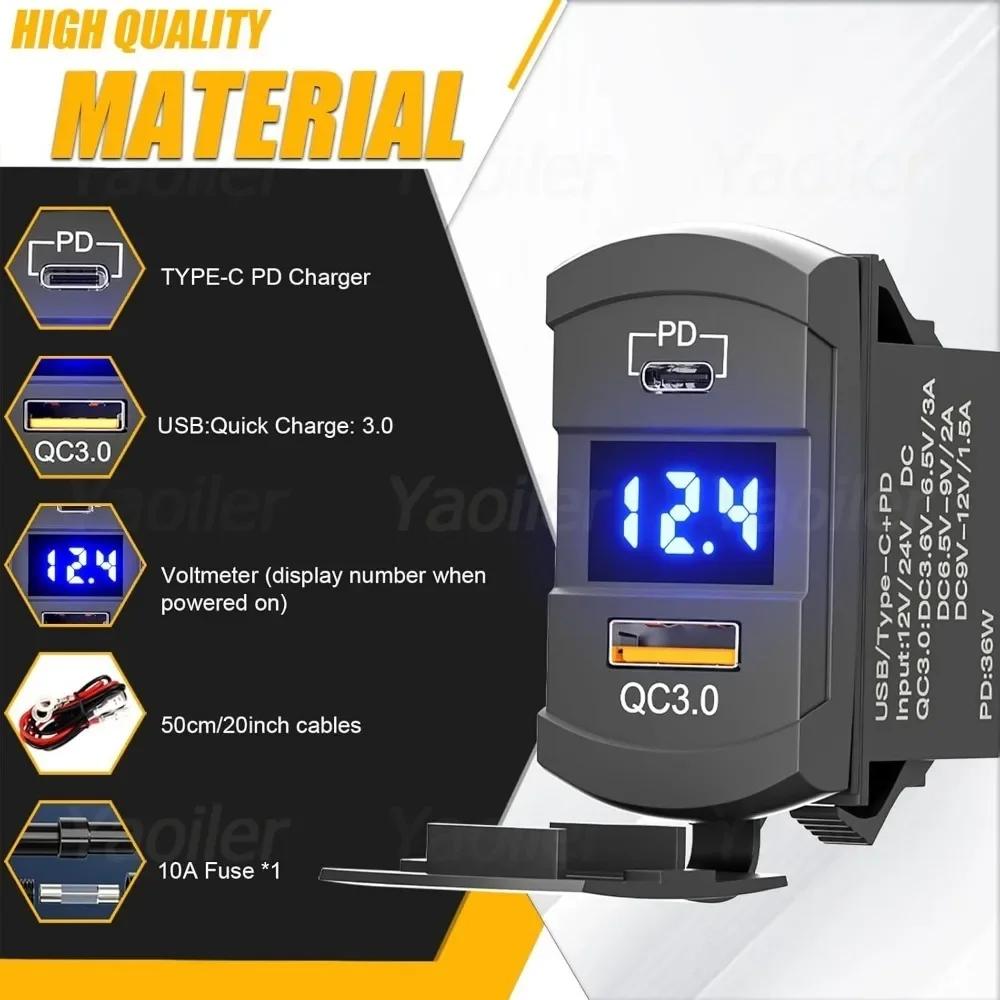 12V USB Rocker Switch 36W USB & PD Outlet Socket with LED Voltage Display 18W QC3.0 Charger for Cars Trucks Vans Boats RVs