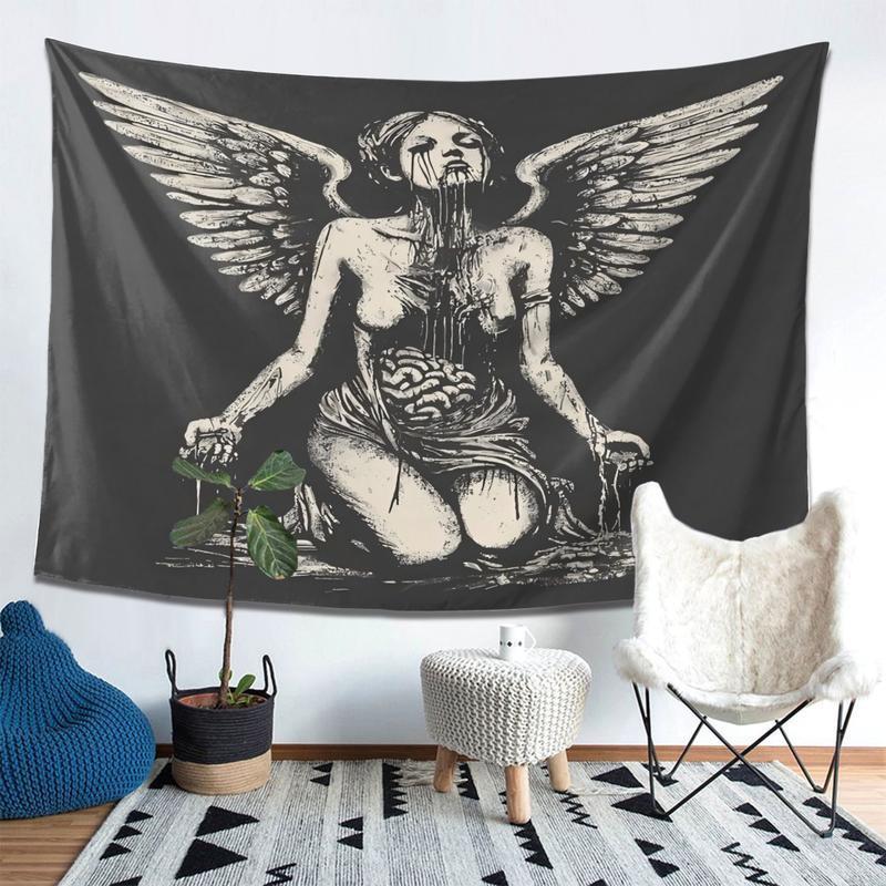 Gothic Fallen Angel Tapestry Black and White Strange Art Tapestry Bedroom Living Room Dormitory Home Decoration