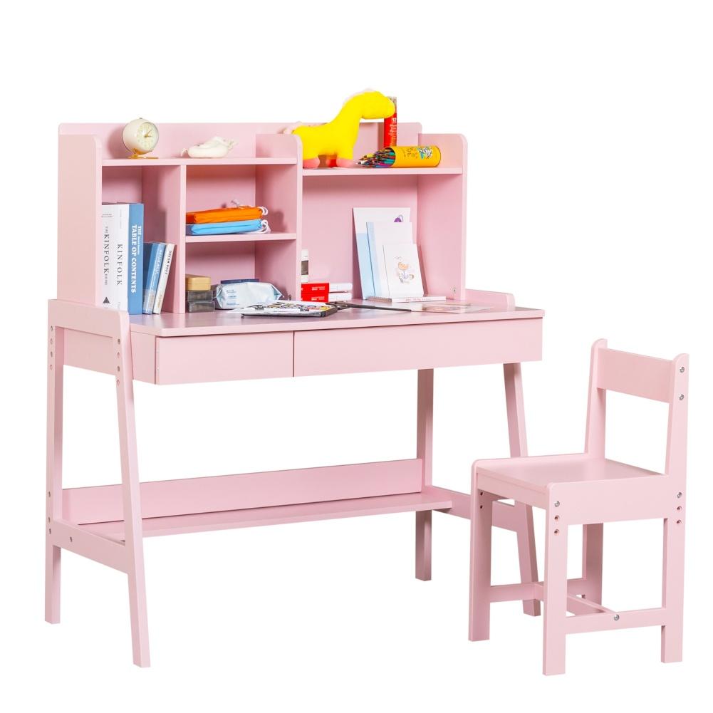 Kids Study Desk With Chair Set Wooden Children Study Table With Desktop Bookshelf And Storage Drawer Space-Saving Writing Desk