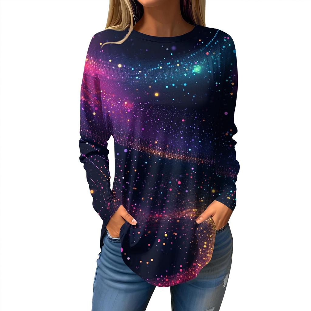 Women's Loose Casual Printed Round Neck Long Sleeved T Shirt Top Pullover Long Sleeved Sweatshirt