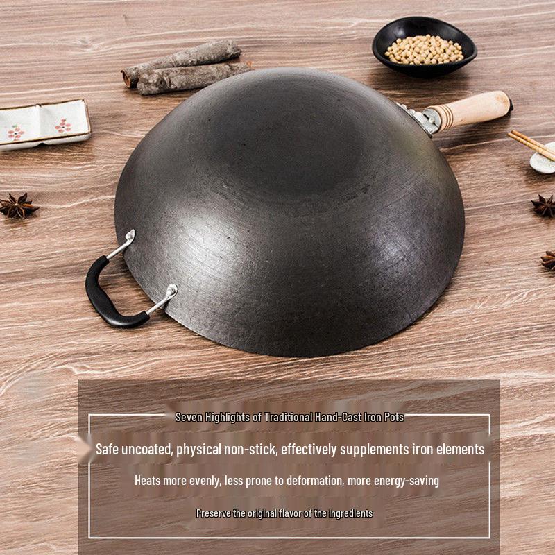 Vintage Uncoated Cast Iron Flat-Bottom Non-Stick Wok, Compatible with Induction & Gas Stoves, Ideal for Rural Household Stir-Fry.