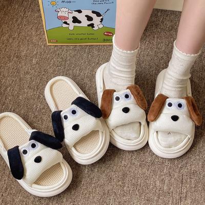 Fashion Women Cartoon Cute Dog Linen Slippers Women Platform Soft Sole Anti-slip Home Slides Couples Lightweight Indoor Cozy Slippers