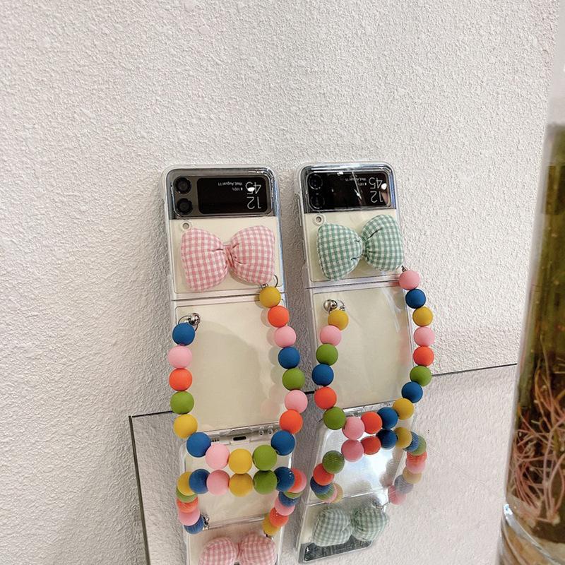 Suitable For Zflip7 Samsung Folding Flip Phone Case Bracelet Plaid Cloth Bow Transparent Protective Case Women'S
