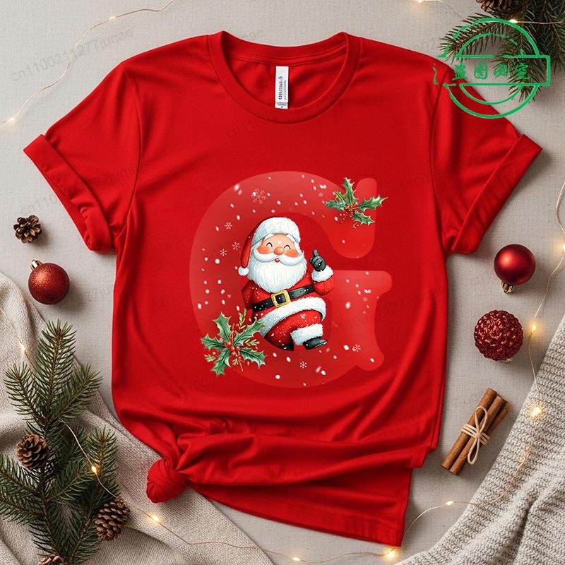 Christmas SantaAlphabet Letter Print T-shirt Short Sleeve Crew Neck Casual Top Kids Festive Holiday Women's Clothing Top