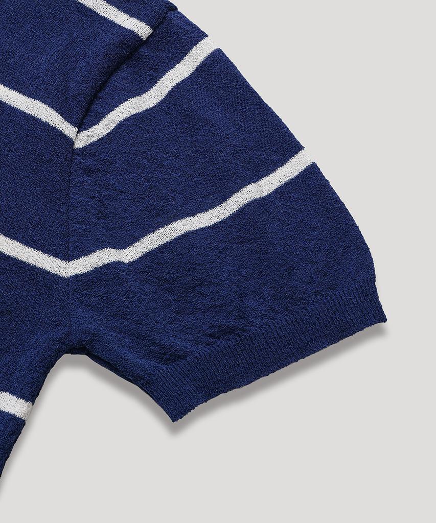 Nodu Summer Striped Round Short Sleeve Cardigan [Blue]