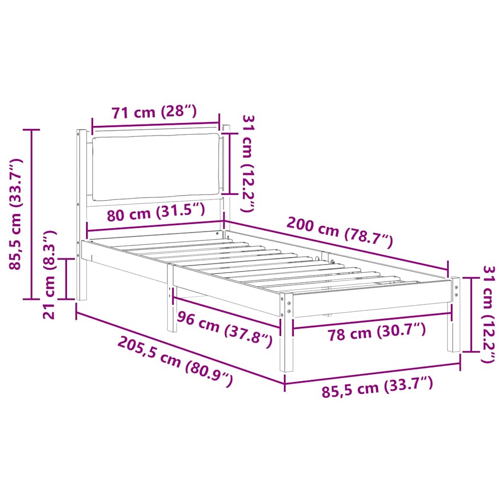 Bed Frame Light Grey 80 x 200 cm Solid Pine Wood
