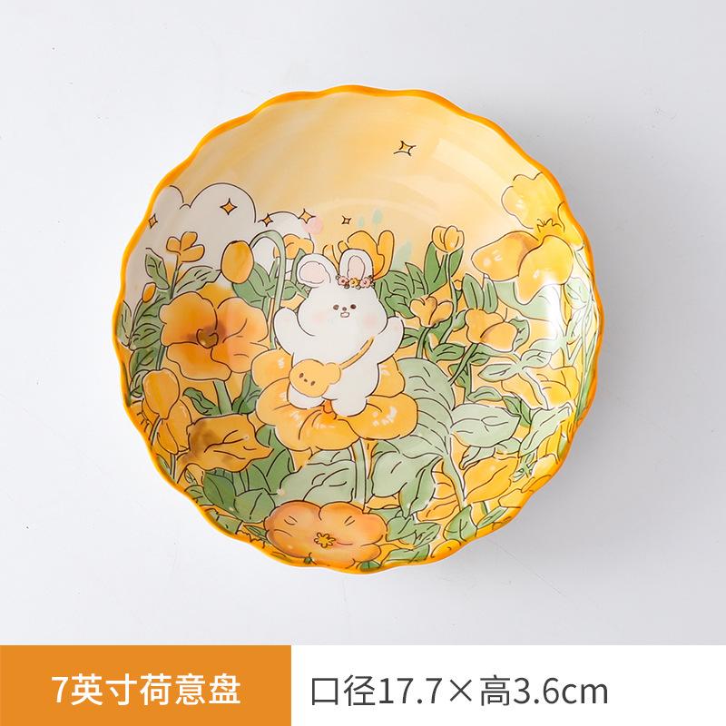 Creative Cartoon Flower Rabbit Ceramic Dishes Tableware Set Housewarming Household Salad Binaural Dishes Dish Combination