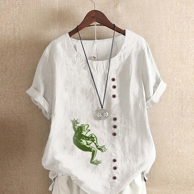 Women's Fashion Frog Prined Short Leeve T-shirt Loose Cotton Shirt Casual Loose Summer Blouse Tops Plus Size