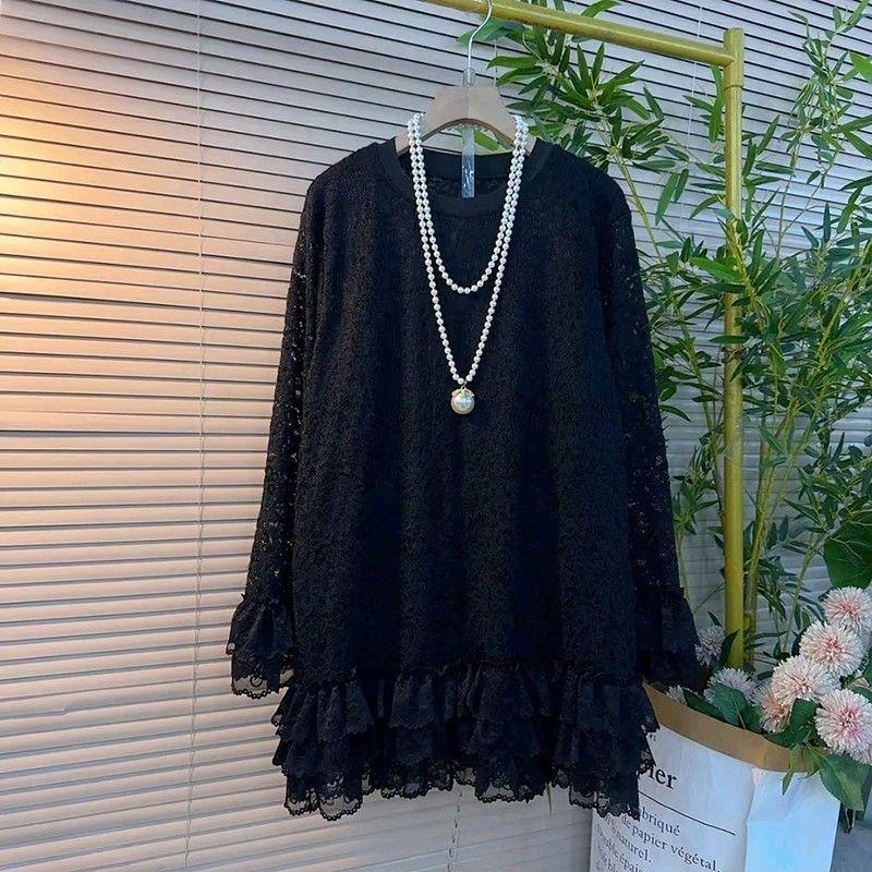 Mode Neues Langarm-Patchwork-Spitzenhemd Locker Lässig Einfarbig Hohl Elegant Vielseitiges Oberteil