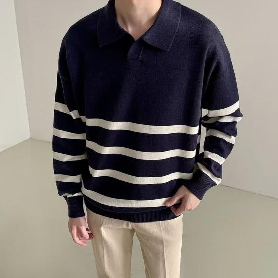 Podzim Zima Pánský Svetr Colorblock Pruhovaný Límec na Zapínání Pletený Volný Dlouhý Rukáv Volný Pulovr Pletenina Anglický Styl Školní Svetr