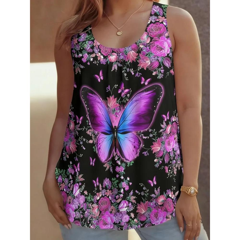 Women's Flower Butterfly Print Top Fashionable Simple Sleeveless T-shirt Casual Comfortable Camis Tank Tops