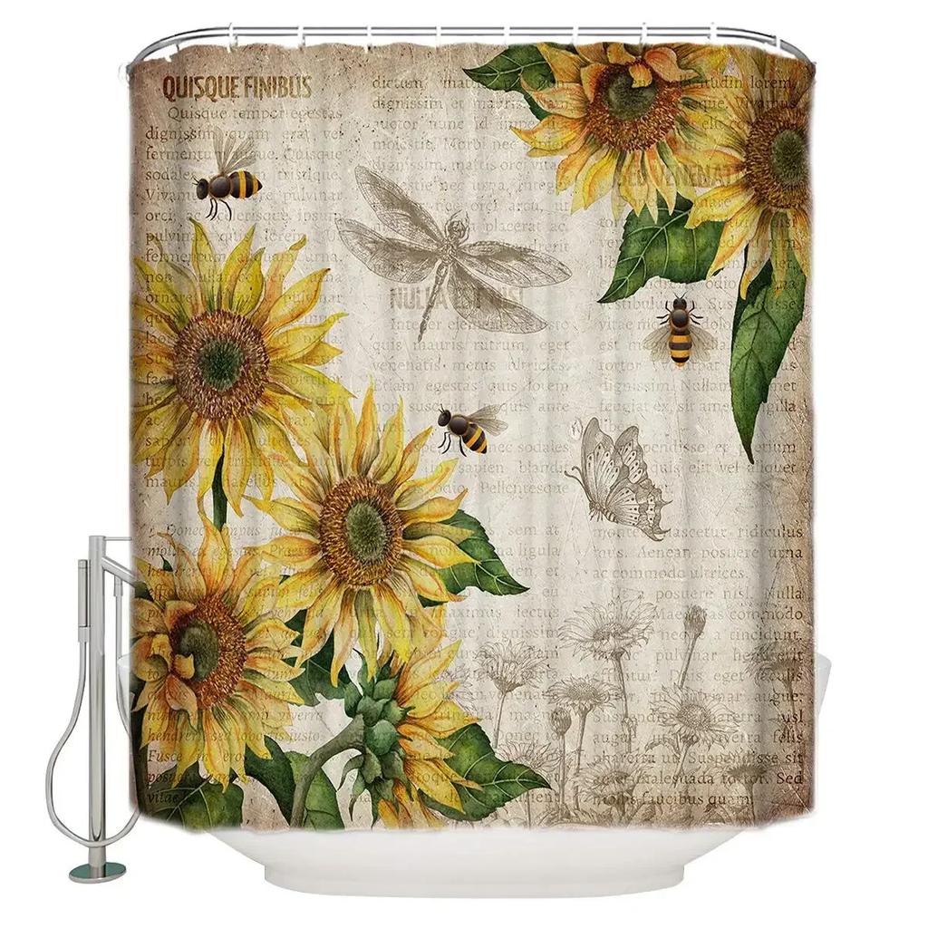 Farmhouse Rustic Shower Curtain Sunflower Autumn Floral Flower On Rural Barn Wooden Fabric Bathroom Curtains with Hooks Sets