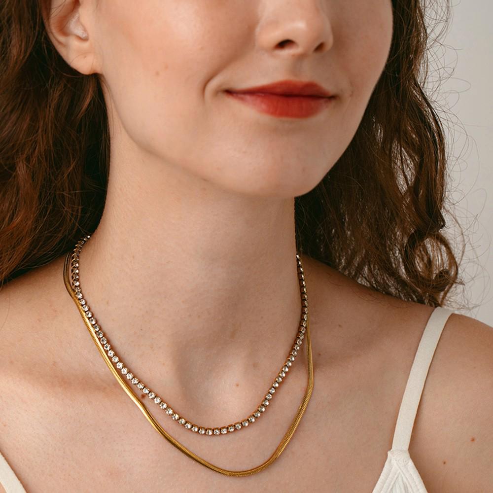 18K Gold European-American Luxury Tennis & Snake Chain Double-Layer Necklace - Stainless Steel, Waterproof, Versatile Clavicle Accessory