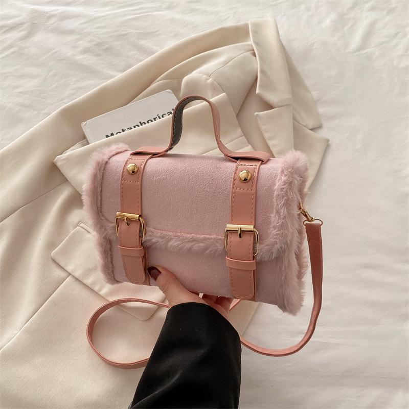 Casual autumn and winter lamb wool plush bag women's new trendy messenger bag simple popular belt square bag