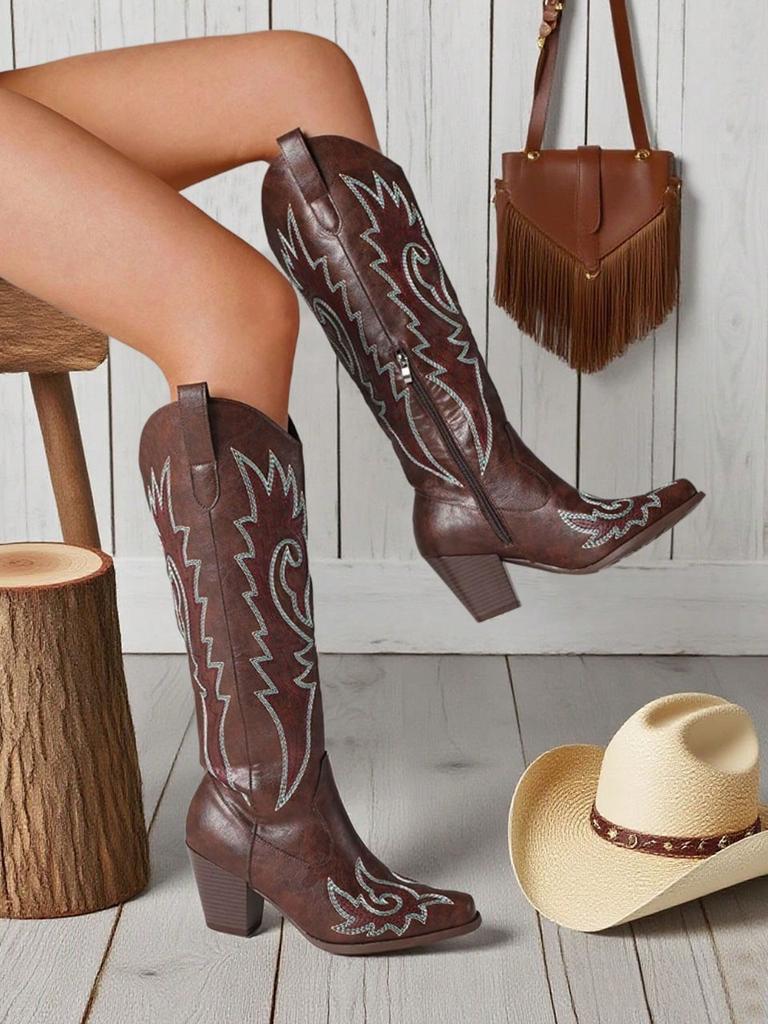 New Women's Western Cowgirl Boots Embroidered Pointed Toe Chunky Heel Cowboy Mid-Calf Boots Fashion Elegant Riding Outdoor Shoes