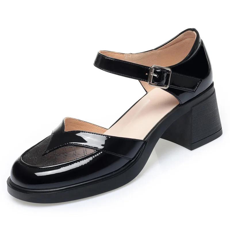5.5cm Fashion Breathable Mesh Leather Sandals Mary Janes Summer 2025 Close Head Med Heels Sandals Women for Office Mom Girls