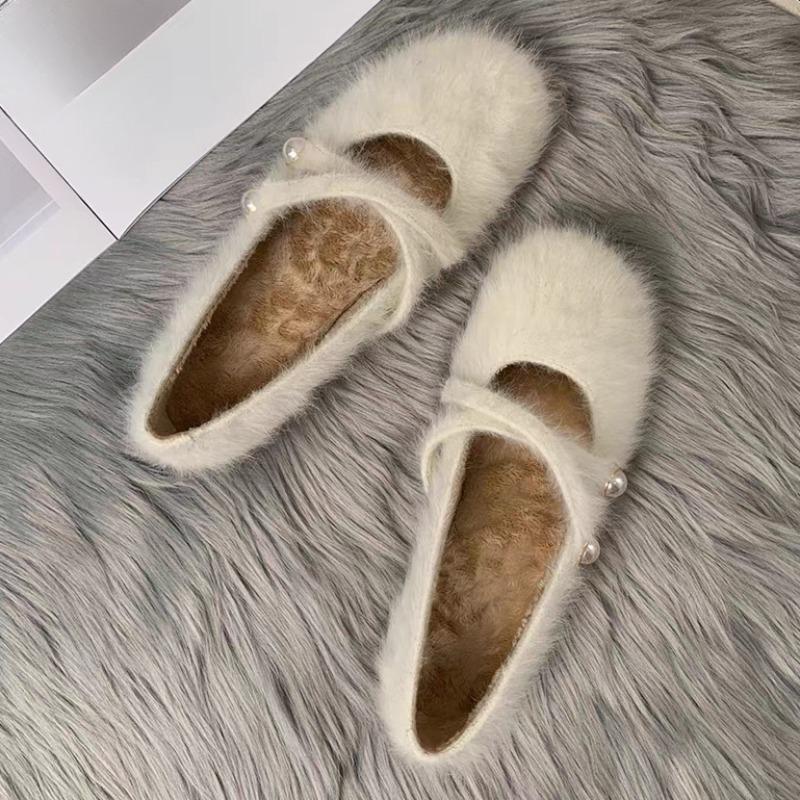 Scarpe pelose autunno e inverno nuove punta rotonda scollo basso perla cinturino unico suola morbida antiscivolo scarpe Mary Jane