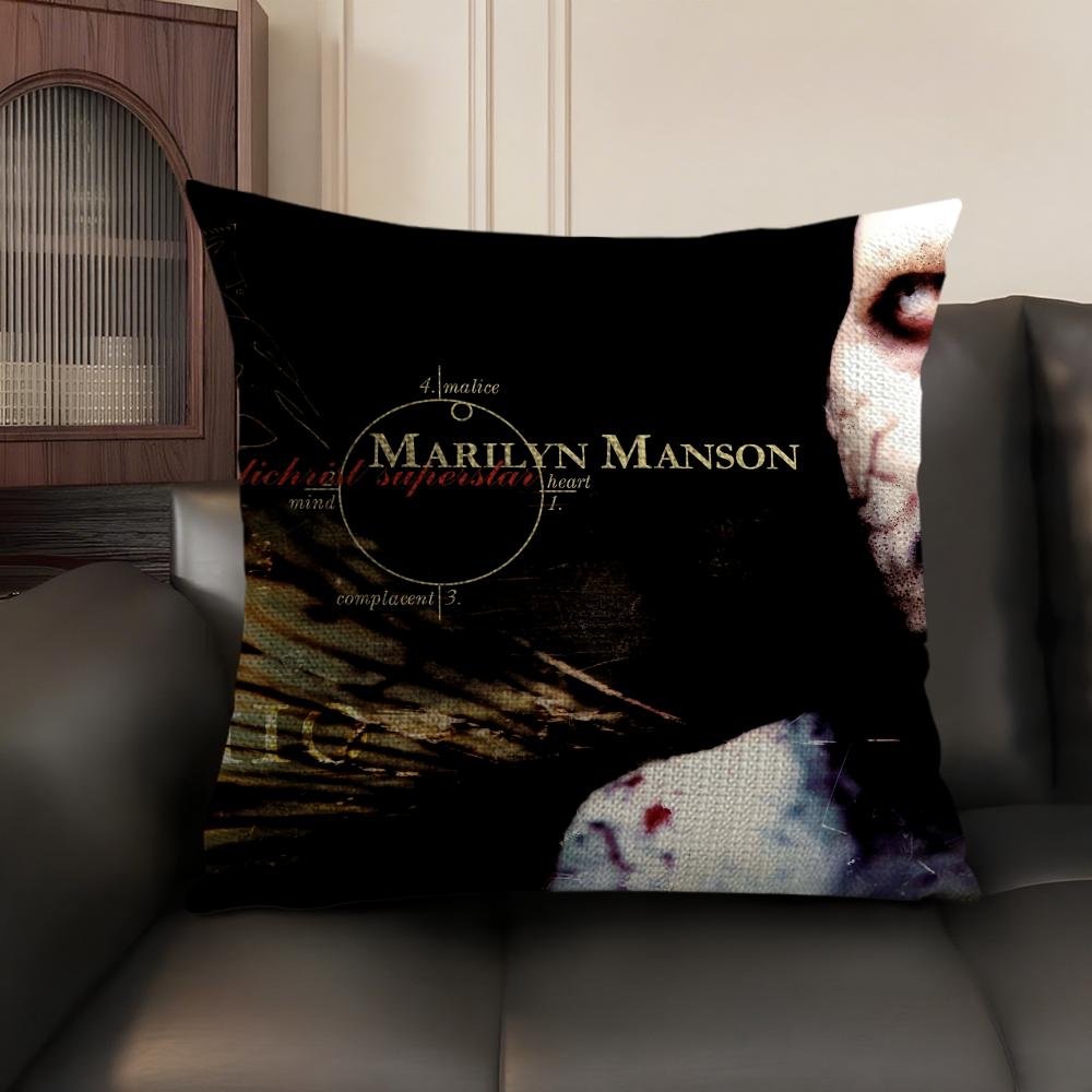 M-Marilyn Manson Rock Cushion Cover Natural Linen Organic Fabric Double-Sided Printing Sofa Home Decor Gift Pillow Case