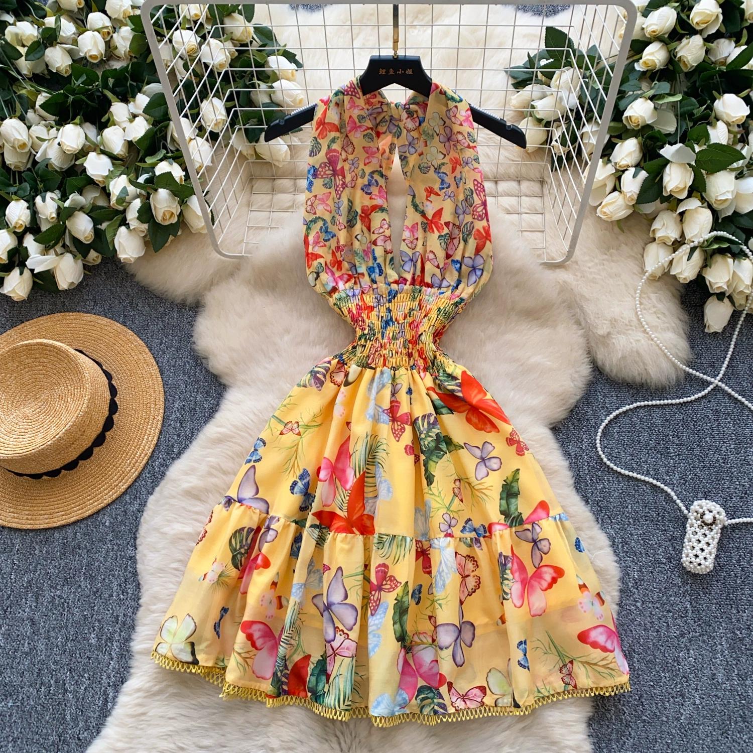 

Летние женские сексуальные платья с глубоким V-образным вырезом и открытой спиной с принтом и бретельками через шею для клуба XL жёлтый