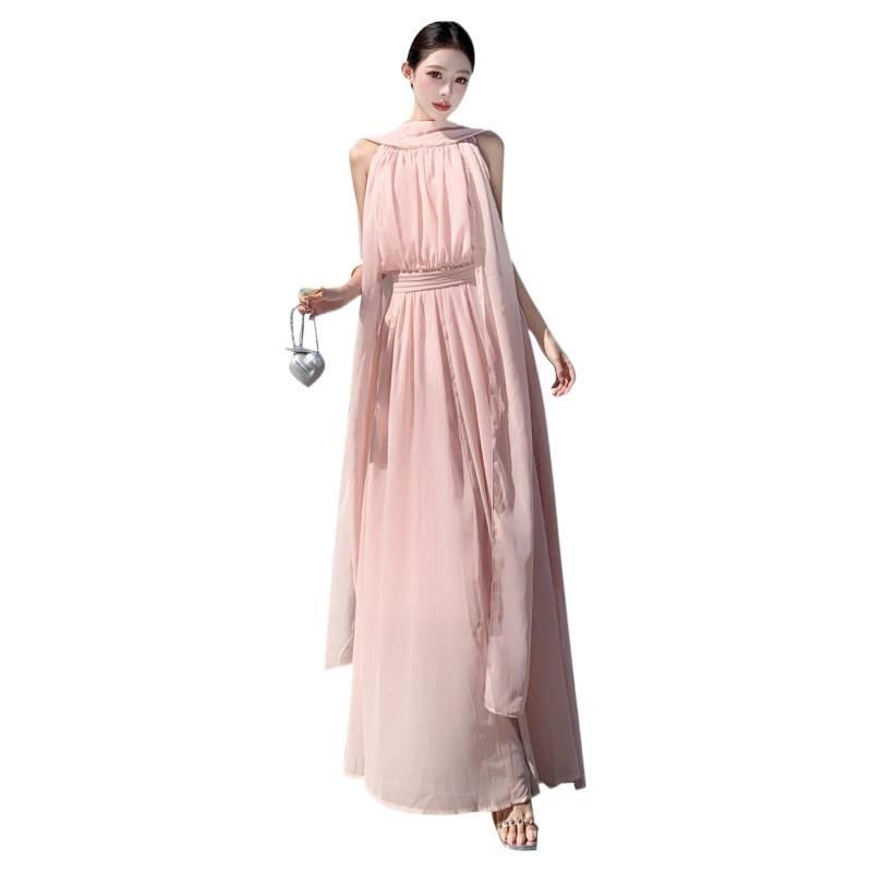 Pink Sleeveless Backless Dress Shows Thin Temperament Gentle Seaside Vacation Wear Long Dress Summer