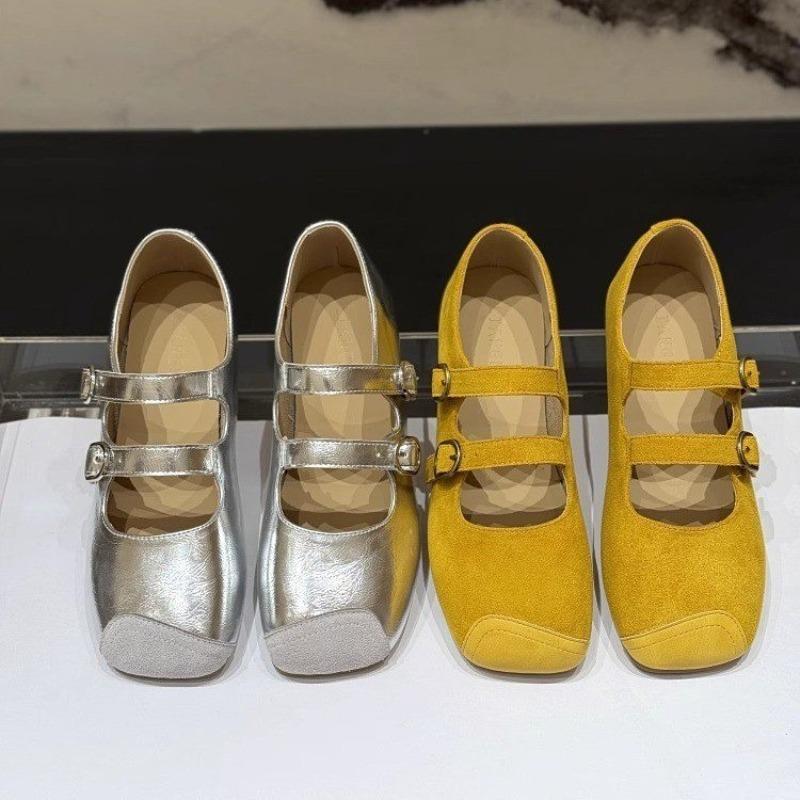 Soft-soled Soft-faced Low-heeled Single Shoes Autumn New Spliced Square-toe Shallow-mouth One-band Non-slip Low-top Shoes