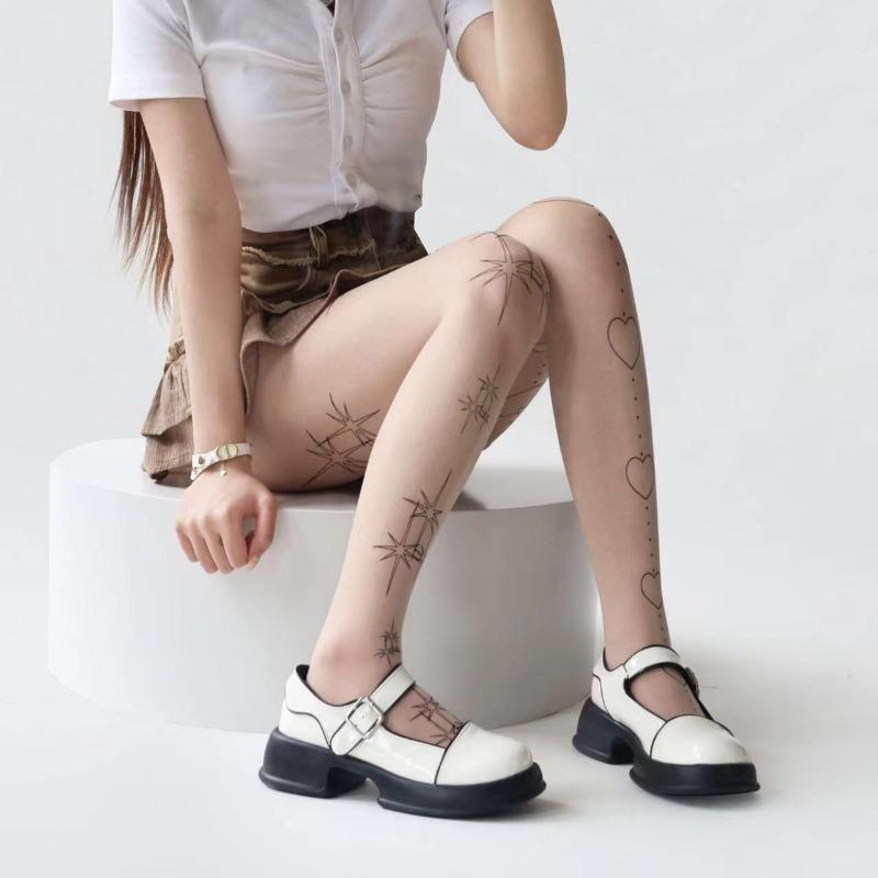 

Носки Лолиты Звезда Сердце Тату Принт Колготки Сетчатые Чулки Котенок Японские JK Колготки Готическое Кружево Черные Колготки one size телесный