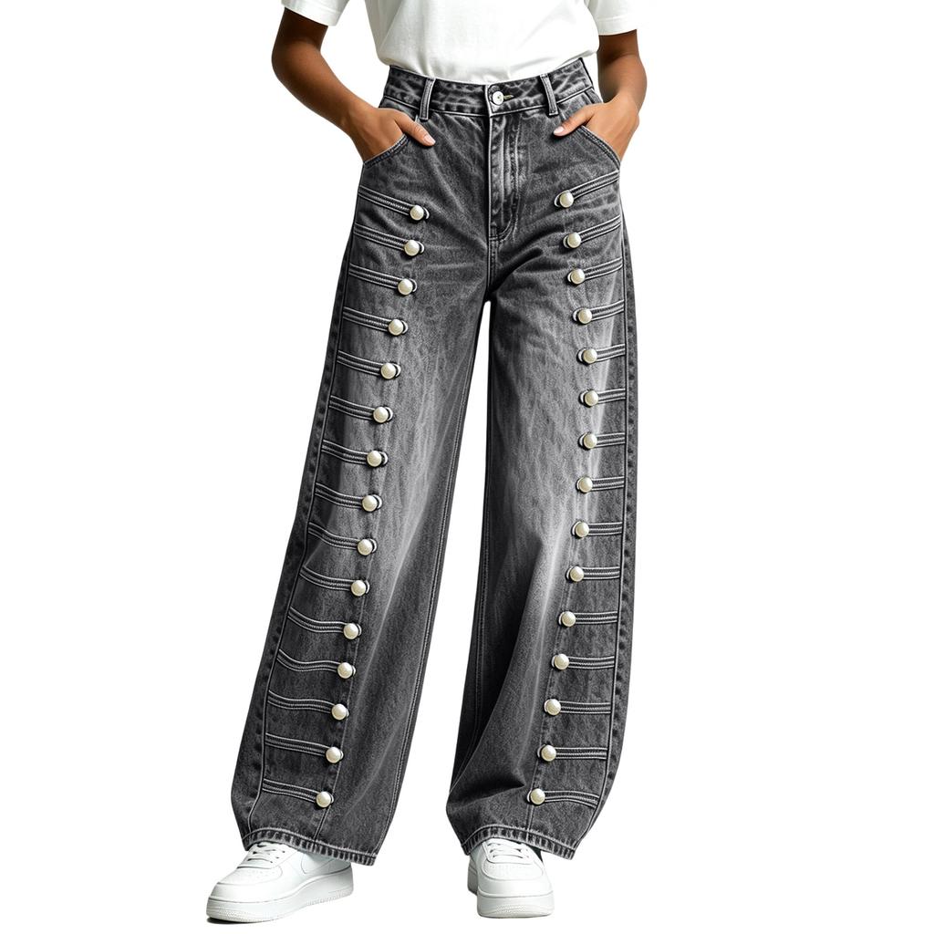 Jeans Casuales Rectos para Mujer con Botones Laterales para Uso Diario y Salidas