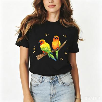 Cotton  Cute Two Sun Conure Parrots On Branch Print T Shirt Women Colorful Bird Graphic Short Sleeve Black Casual Streetwear
