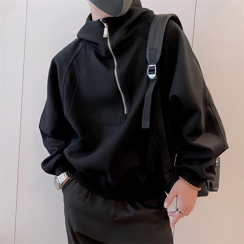 Unisex Retro Patchwork Half-Zip Hoodie, Fall 2025: Deconstructed Heavyweight Design Double Extra Large чёрный