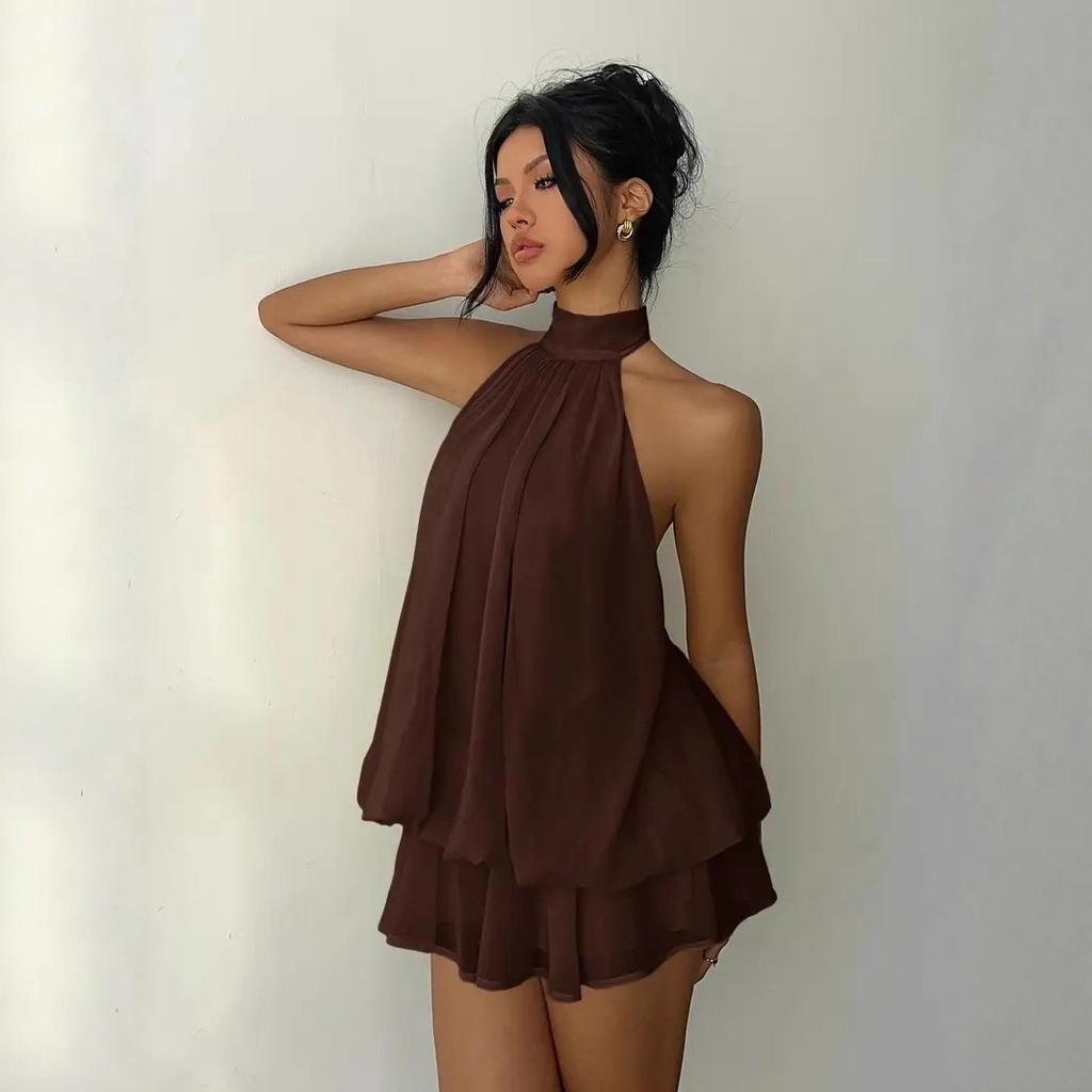 Women Summer Halter Backless Mini Dress High Waist Tie‑Up Chiffon Vacation Party Short Dresses XS‑XXL