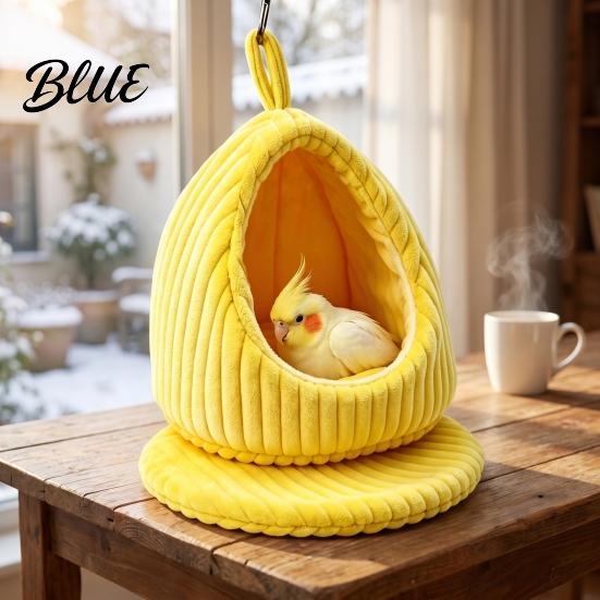 Birdcage Accessories Hanging Parrot Nest Bed, Winter Striped Plush Water Drop Shape Cozy Cave Bed with Removable Cushion, Bird Cage Hammock