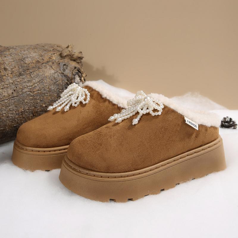 Chunky Platform Wedge Heel Furry Outdoor Slippers Women 2025 Winter Thick Bottom Plush Mules Slippers Sweet Pearl Bowknot Slides
