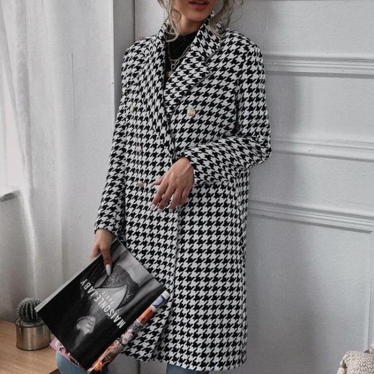 

Women s Wool Coat Houndstooth Print Mid-Length Autumn Winter Collection Small