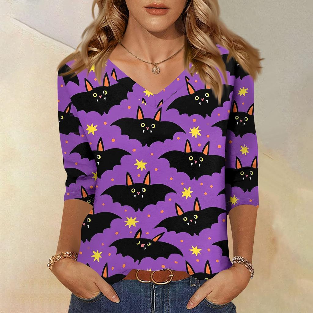 Women's Casual Halloween Print V Neck Three Quarter Sleeve Top Lightweight Soft Fabric Comfortable Fit Stylish Fall Shirt