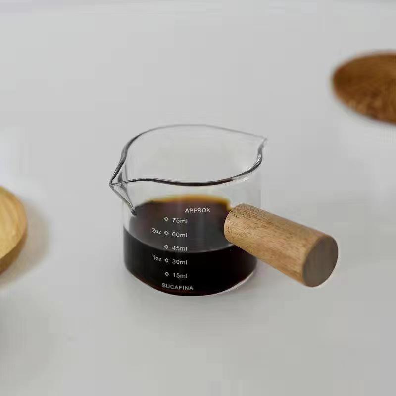 Small Milk Jug with Wooden Handle - Espresso Measuring Cup for Home