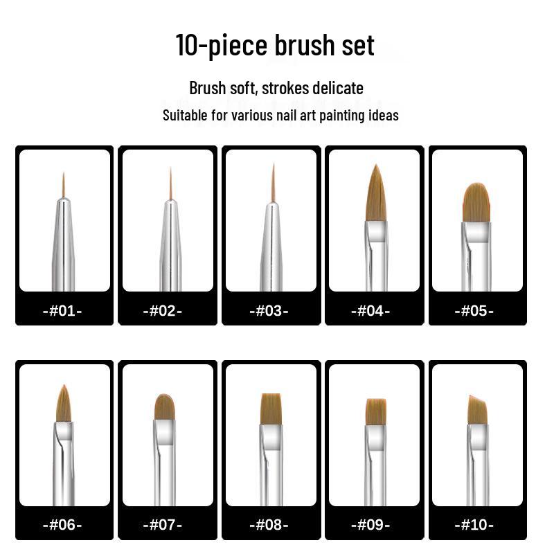 Nail Art Brush Set: 10-Piece Salon Kit for Hand-Painted Flowers, Detailing, Carving, and Gel Application.