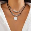European & American Multi-layer Leather Wax Line Necklace Set with Alloy Hip-hop Clavicle Chain Gift for Men Women
