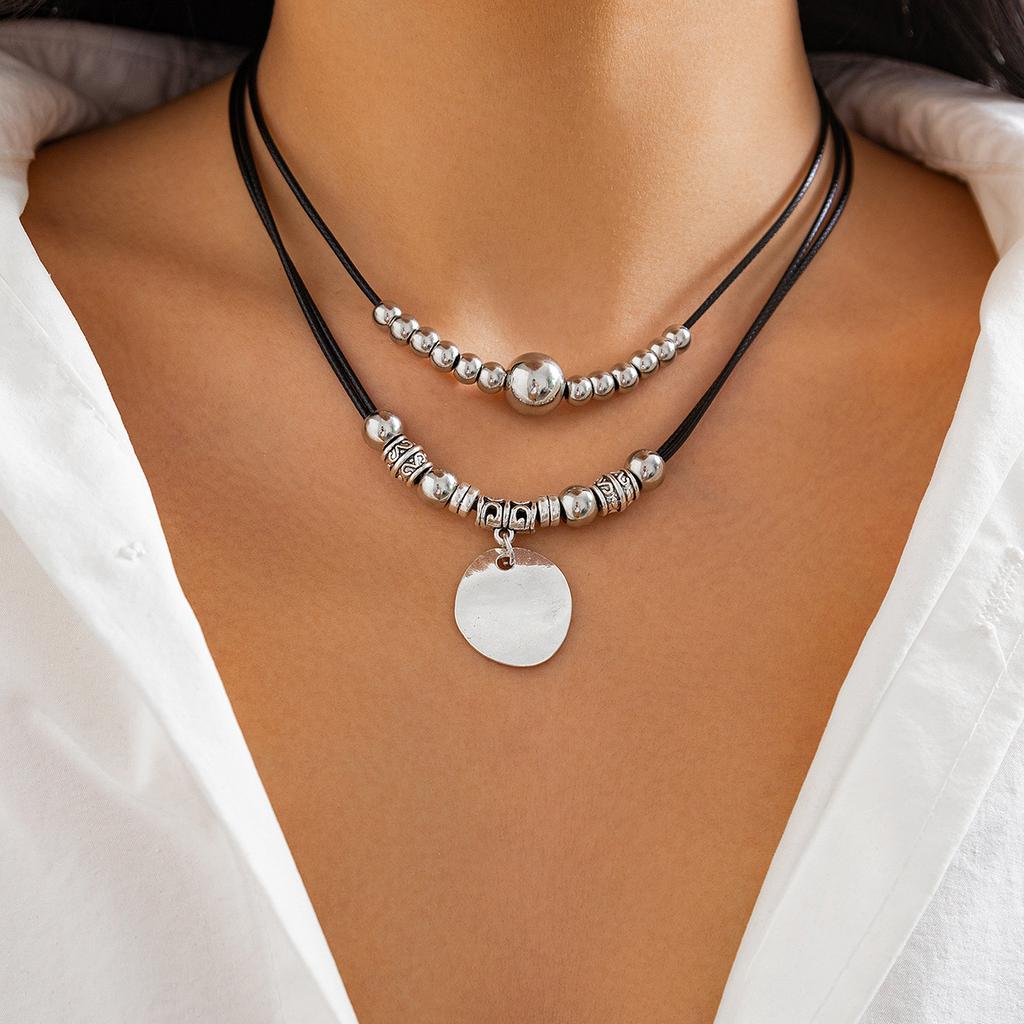 European & American Multi-layer Leather Wax Line Necklace Set with Alloy Hip-hop Clavicle Chain Gift for Men Women