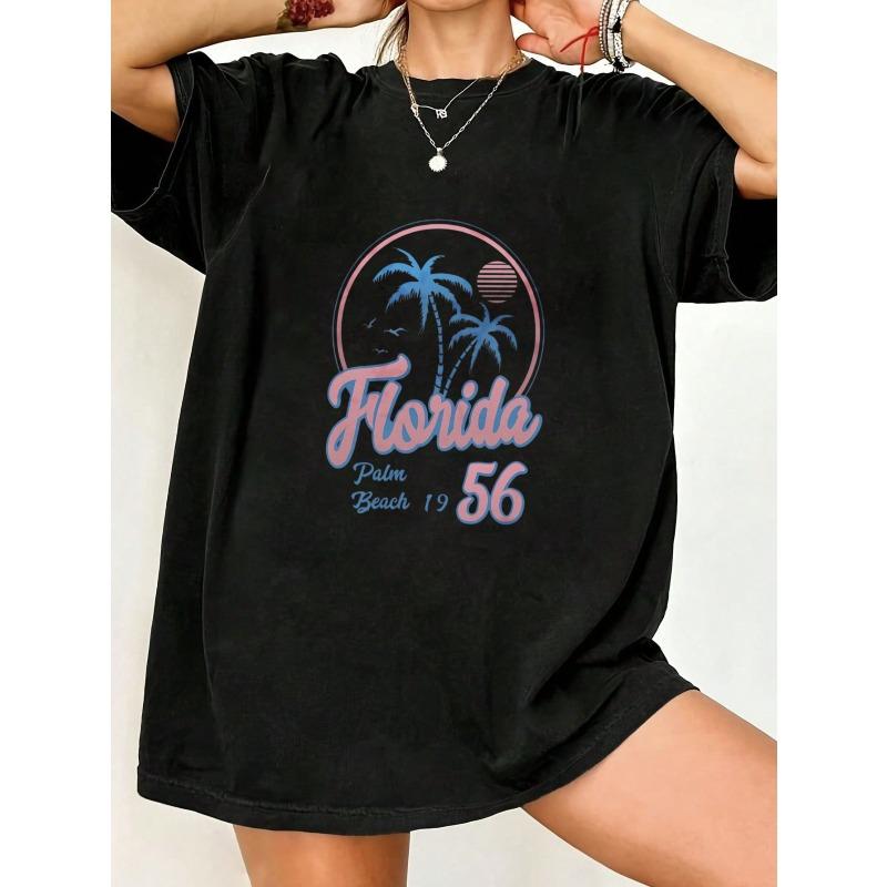 Oversized T-Shirt Black Florida Palm Beach 1956 Tropical Palm Trees And Sunset Graphic Summer Vacation Wear