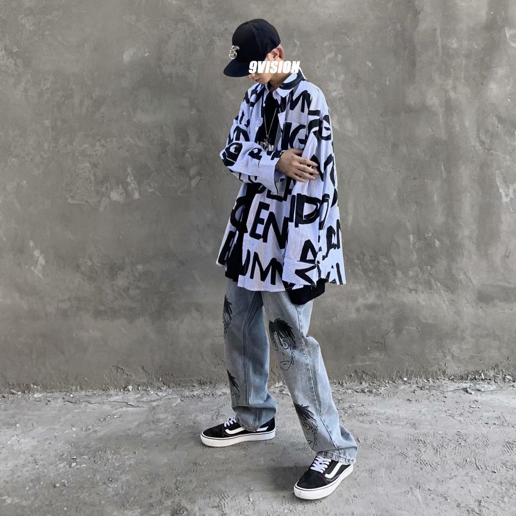 Męska modna koszula z długim rękawem z graffiti, styl koreański Harajuku na wiosnę/jesień
