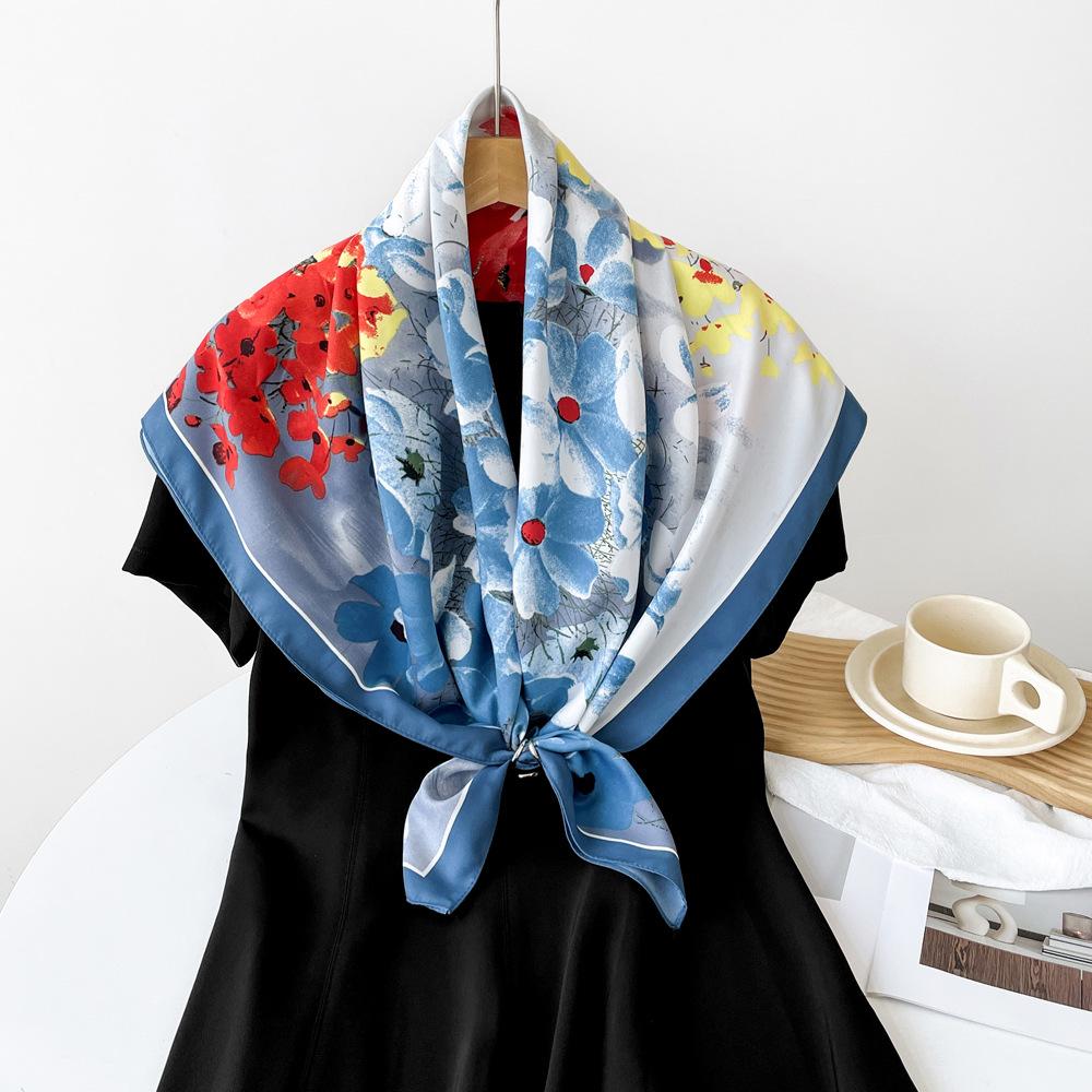 

New Floral Scarf Mother Gift Flowers Sweet Thin Sunscreen Shawl Simulated Silk Print Square Scarf 90*90cm