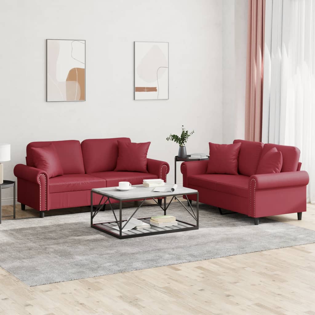 2 Piece Sofa Set with Cushions Wine Red Faux Leather