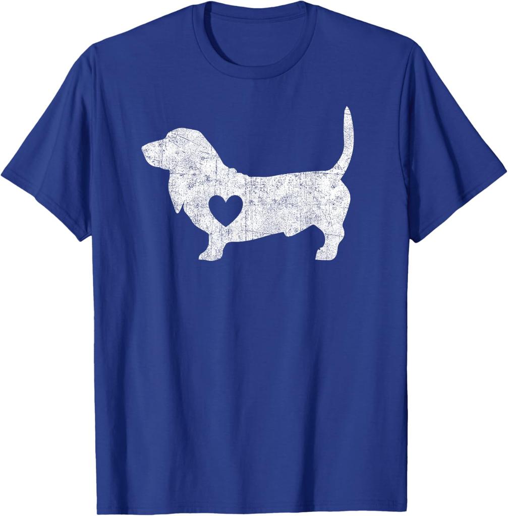 Basset Hound Heart Silhouette Distressed Graphic Tee Cotton Casual Short Sleeve T-Shirt for Men Women