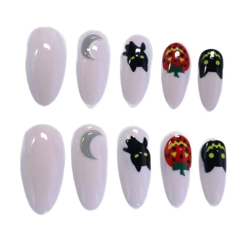 Nail Art Halloween Cute Black Cat Moon Pumpkin Long Almond Wearing Nail Pads