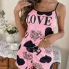 Love Print Pajama Set Women Summer Cami Top and Shorts Loungewear Sleepwear Cute Heart Letter Print Nightwear Home Clothes