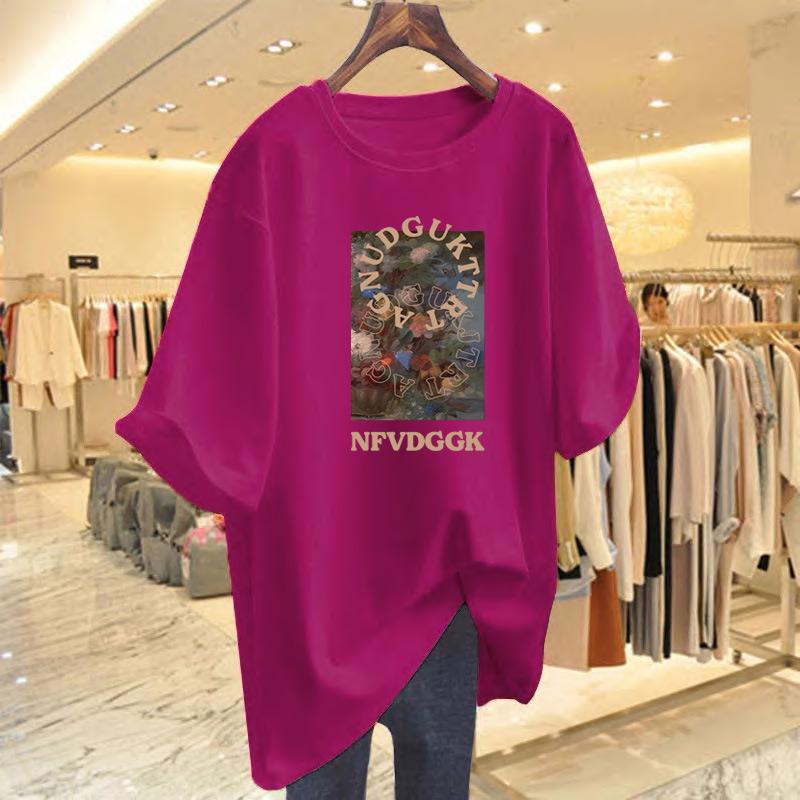 New Women's Summer White Cotton Printed Loose Round Neck Short Sleeve T-Shirt